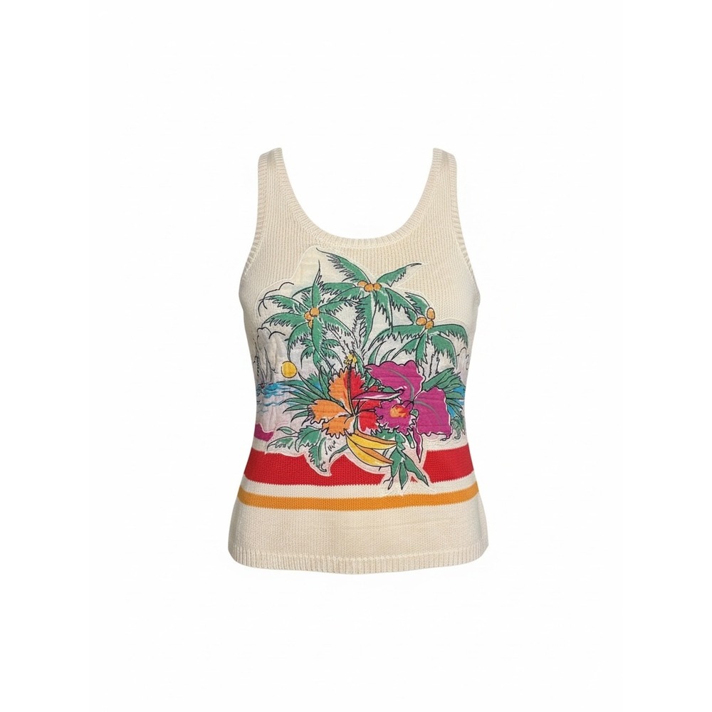 Vintage Carole Little Saint-Tropez West Tropical Knit Tank Top Cream Medium